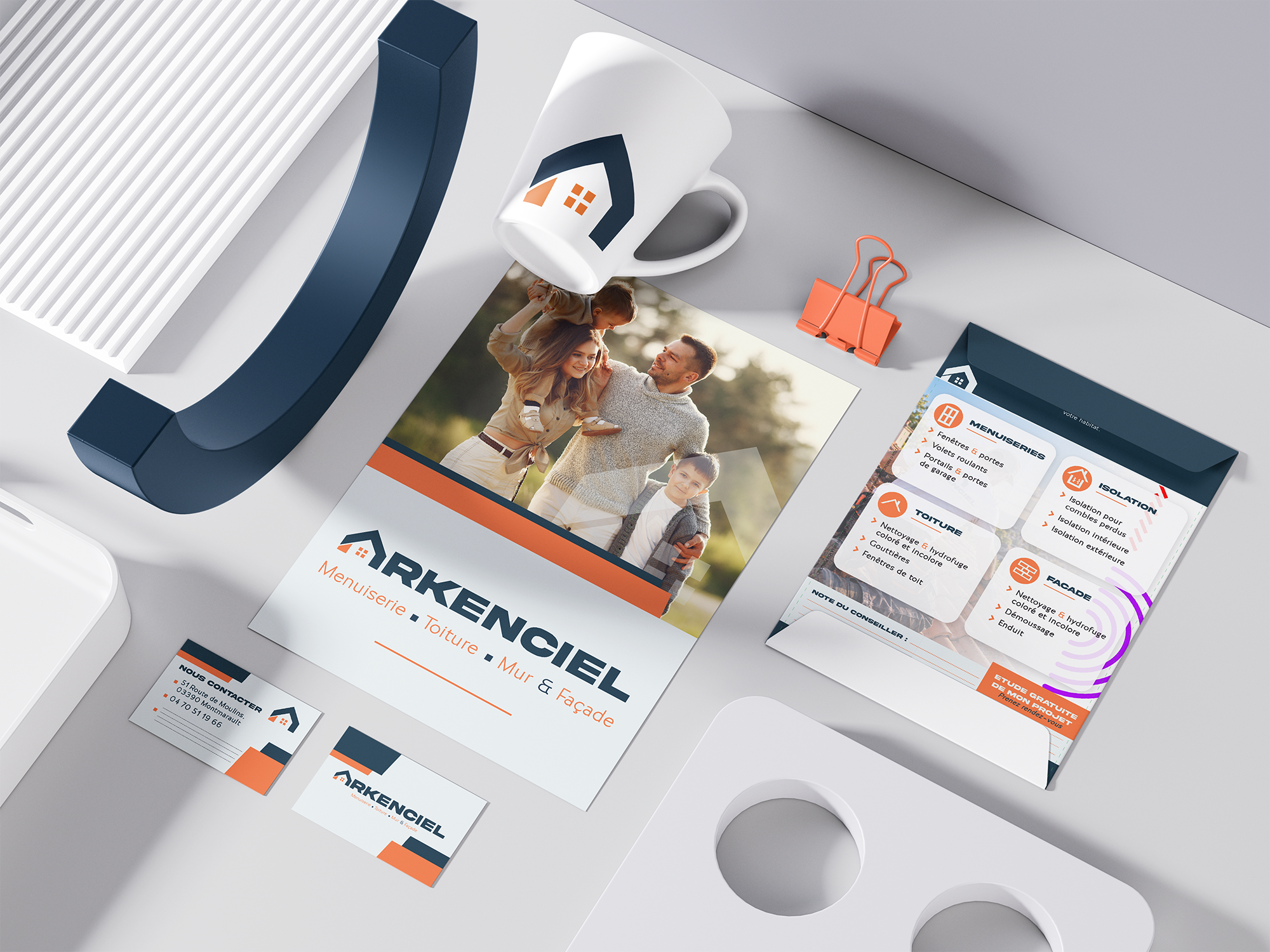 Identité visuelle Arkenciel : plaquette commerciale, flyer et cartes de visite conçus par EZ COMM.