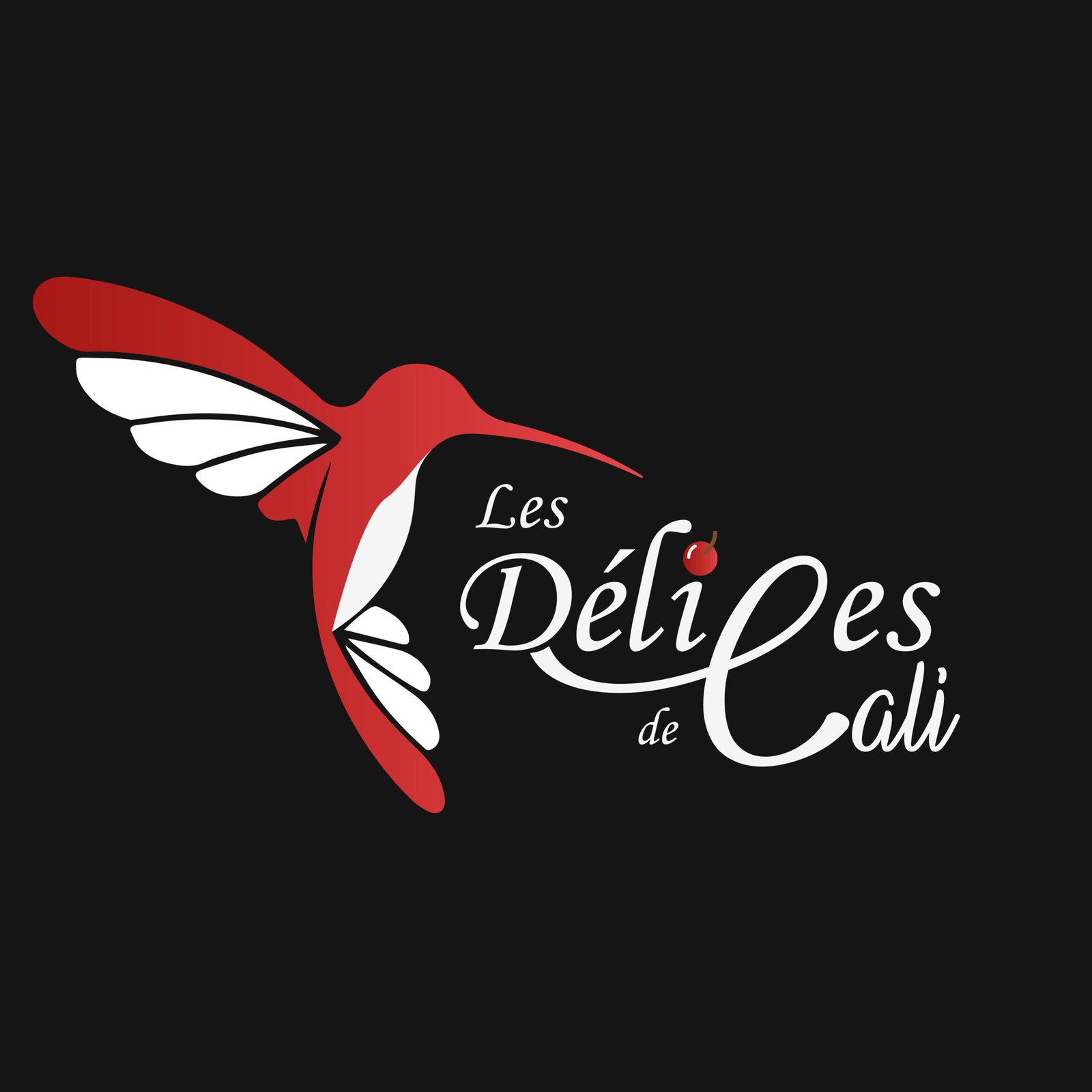Logo Les Délices de Cali, pâtisserie à Montmarault, avec un colibri rouge et un lettrage blanc sur fond noir.