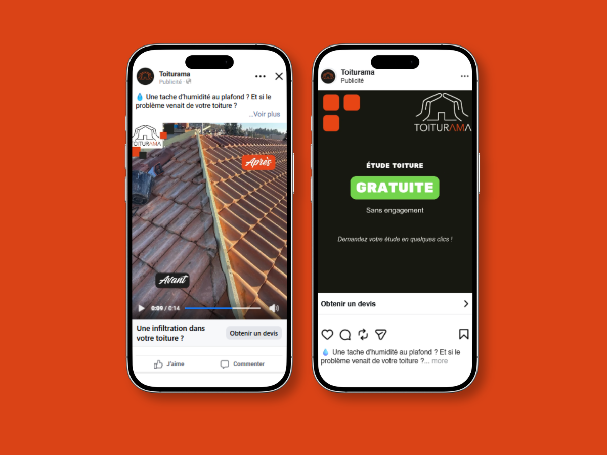 Mockup de trois publicités Facebook et Instagram réalisées pour Toiturama, spécialiste de la rénovation de toiture