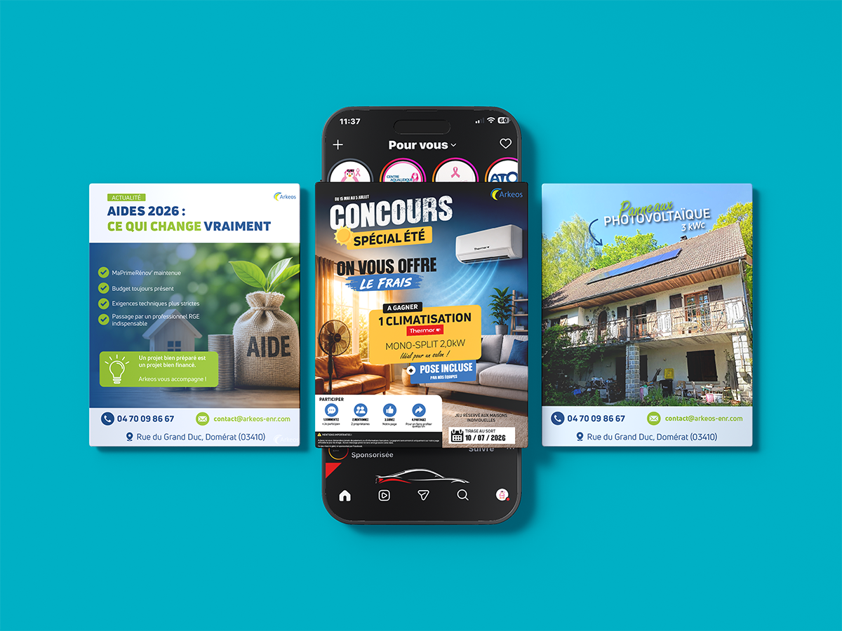 Mockup de trois publications Facebook et Instagram réalisées pour ARKÉOS, entreprise à Domérat