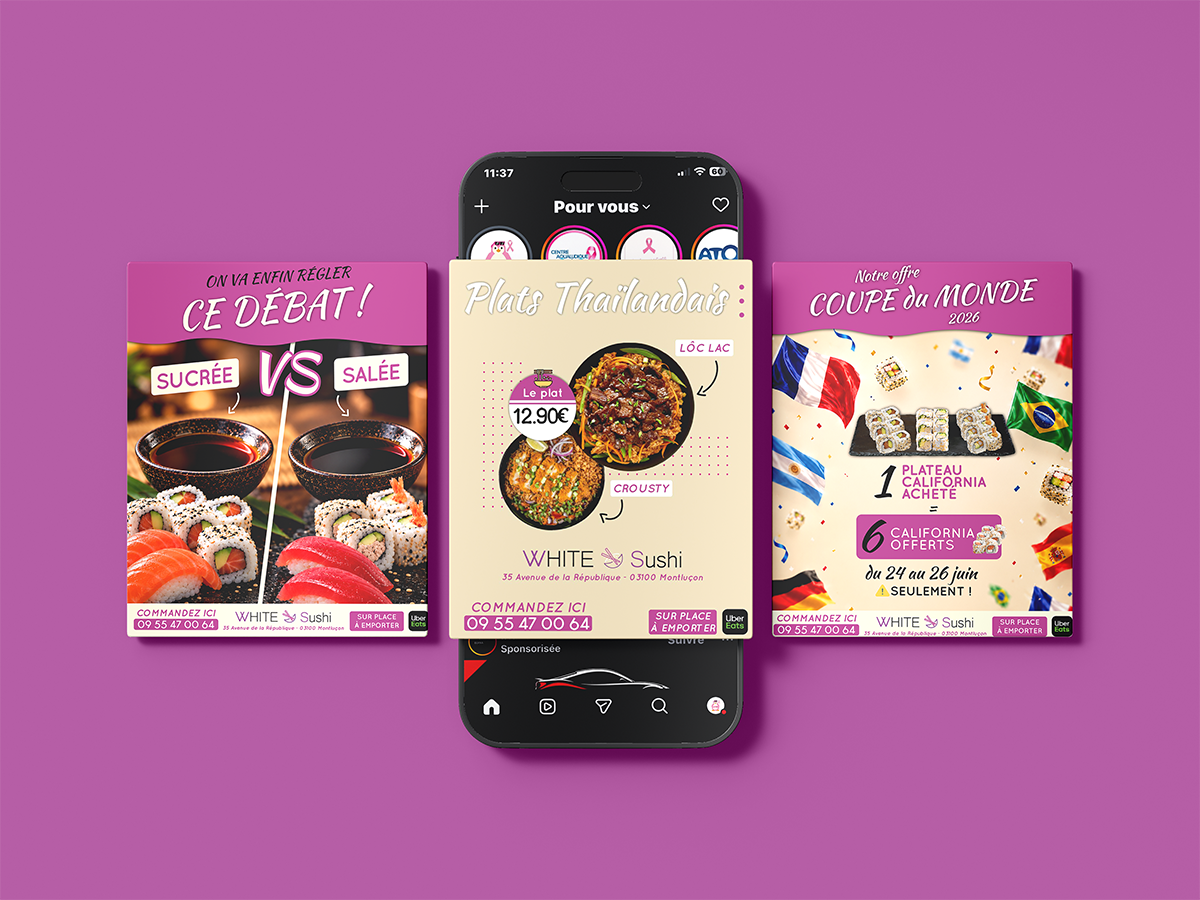 Mockup de trois publications Facebook et Instagram créées pour White Sushi à Montluçon
