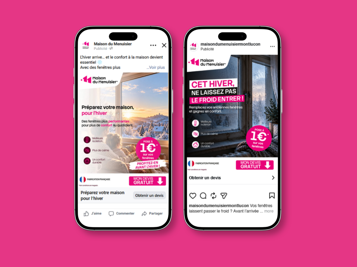 Mockup de trois publicités Facebook et Instagram créées pour Maison du Menuisier, mettant en avant ses offres de menuiseries et volets roulants