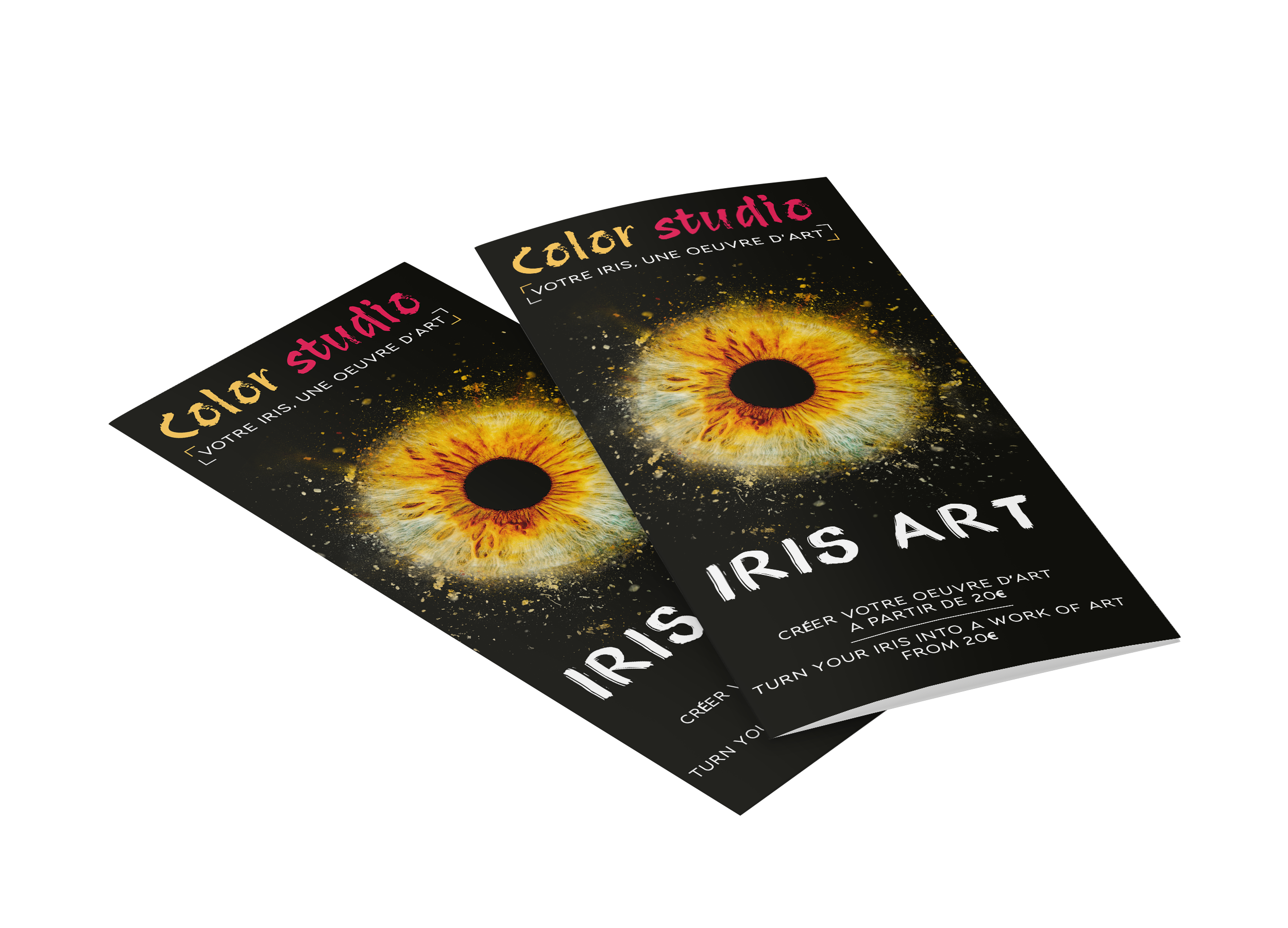 Dépliants publicitaires Color Studio personnalisés avec visuel d'iris artistique, réalisés par EZ COMM