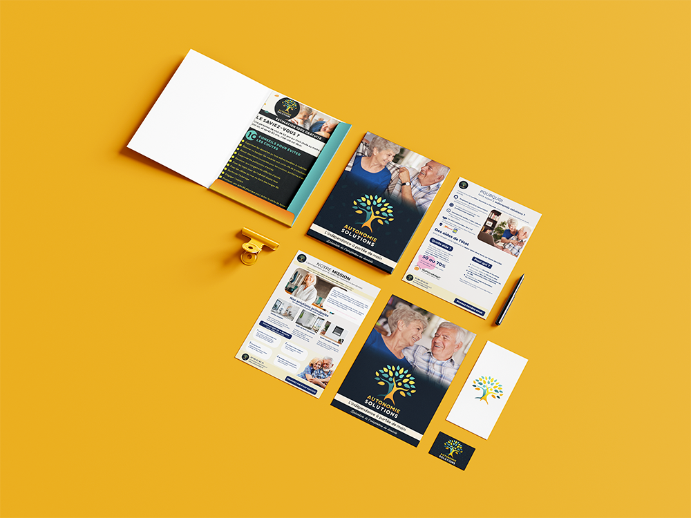 Mockup de plusieurs supports de communication personnalisés pour Autonomie Solutions